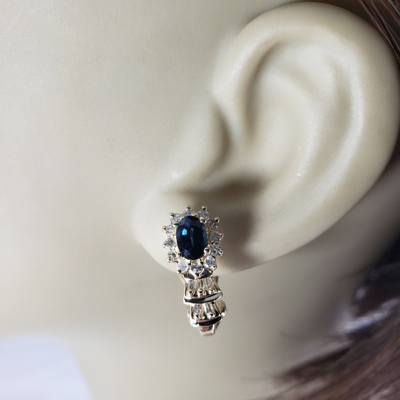 Vintage 14 Karat Yellow Gold Natural Sapphire and Diamond Earrings #13238 - Picture 7 of 8